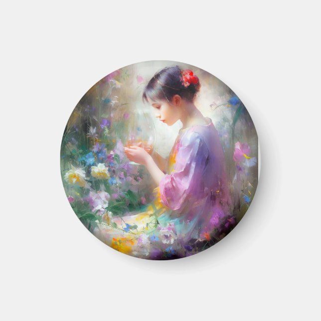 Aimant Fille admirant une fleur dans ses mains (Devant)