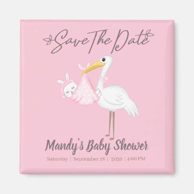 Aimant Fille Bébé Cigogne Rose Bain Enregistrer la Date (Devant)