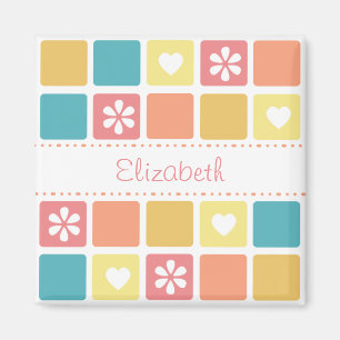 Aimant Fille Coeur Carré Motif Retro Fleurs de marguerite