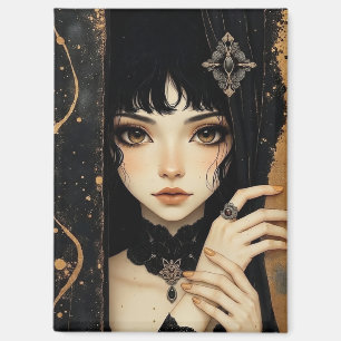 Aimant Fille d'anime gothique noir et or