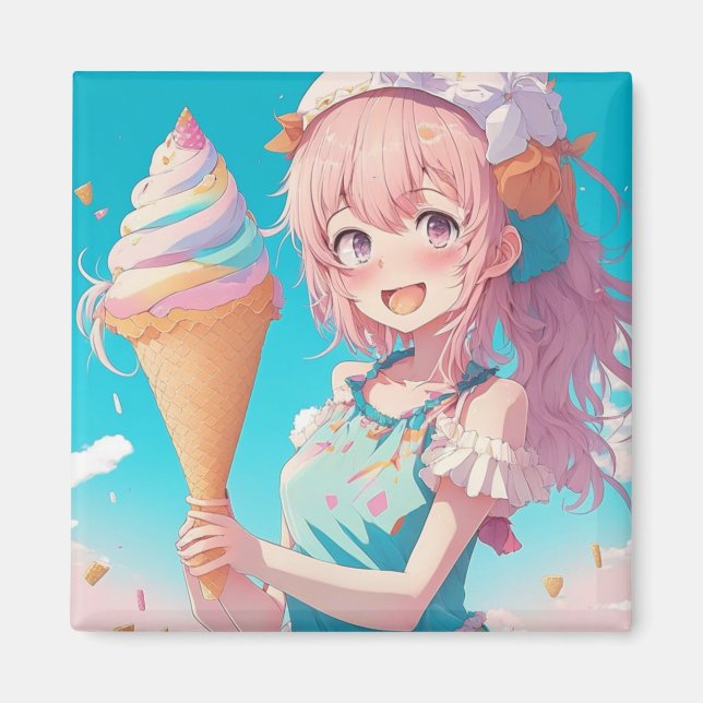 Aimant Fille d'Anime Whimsical avec cône de crème glacée (Devant)