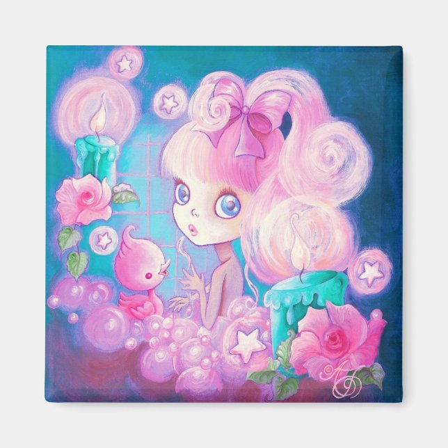 Aimant Fille dans Bain de Bubblebath avec bougies et Rose (Devant)