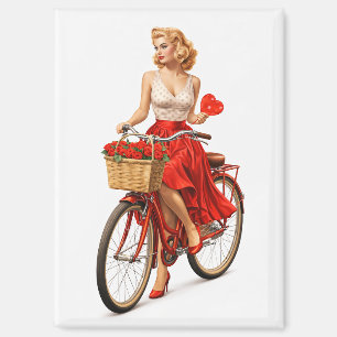 Aimant Fille Pin-Up Vintage sur Vélo avec des Roses 
