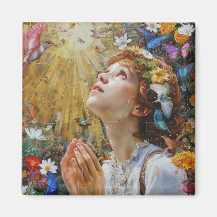Aimant Fille priant Fleurs Whimsical