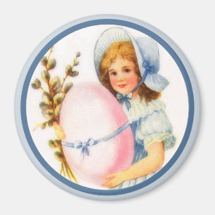 Aimant Fille vintage de Pâques avec le capot et l'oeuf