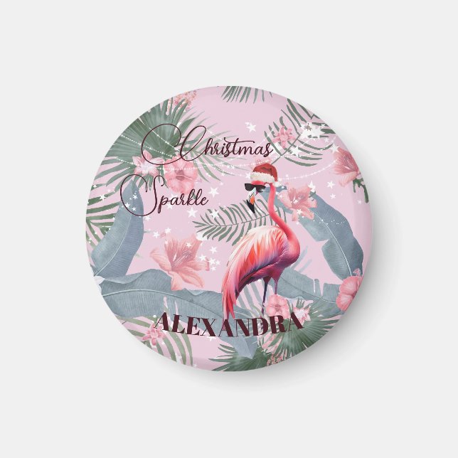 Aimant Flamant rose de Noël Santa Hat Tropical (Devant)