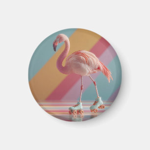 Aimant Flamant rose fantaisiste sur des patins à roulette