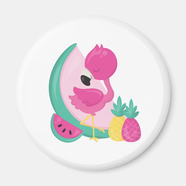 Aimant Flamant rose rose avec pastèque et ananas (Devant)