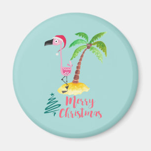 Aimant Flamant rose rose dans un casquette de Père Noël