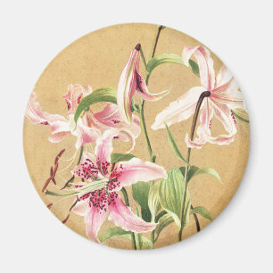 Aimant Fleur Botanique d'Art de Lys Oriental Rose Vintage