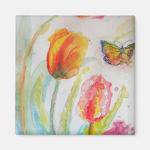 Aimant Fleur d'aquarelle colorée de Tulipe et Papillon