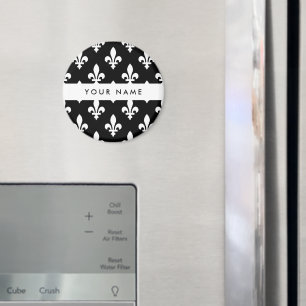 Aimant Fleur de Lis, Blanc sur Noir, Blanc, Votre Nom