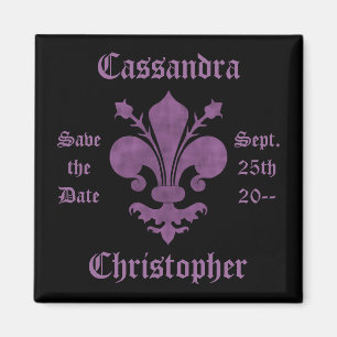 Aimant Fleur de lis violet sur noir sauf la date mariage