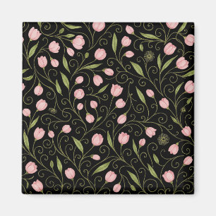 Aimant Fleur mignonne, rose sur noir avec motif répétitif