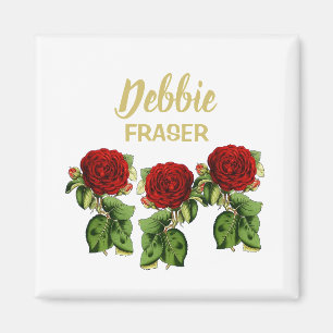 Aimant Fleur rouge et feuilles verts nom personnalisé