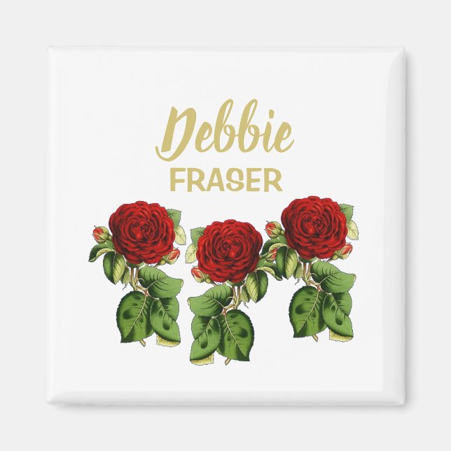 Aimant Fleur rouge et feuilles verts nom personnalisé (Devant)