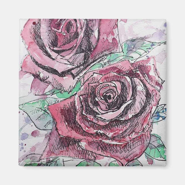 Aimant Fleurs aquarelles de rose rouge peinture florale (Devant)