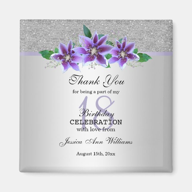Aimant Fleurs Clematis et Argent Classy 18e anniversaire (Devant)