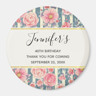 Aimant Fleurs d'aquarelle rose sur rayures Anniversaire