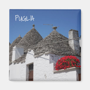Aimant Fleurs de géranium et maisons de trulli dans