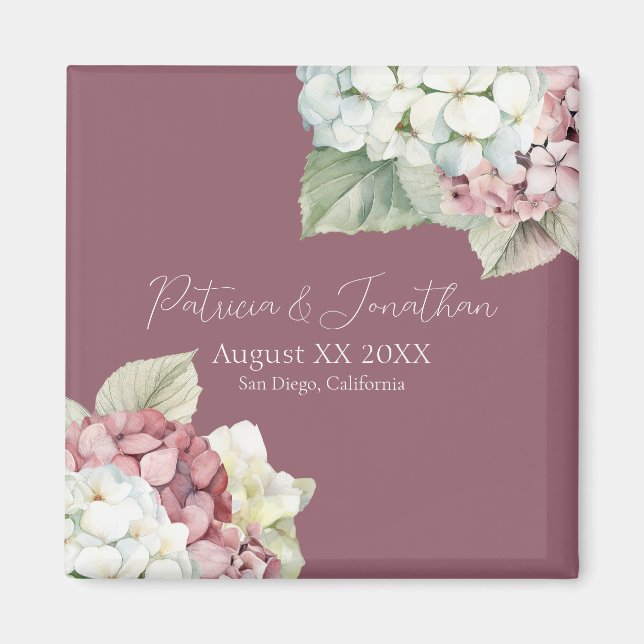 Aimant Fleurs d'hydrangea aquarelle rose et blanc sur fon (Devant)