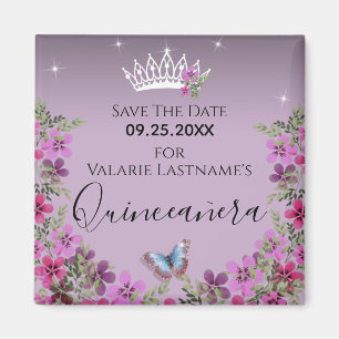 Aimant Fleurs et papillon Quinceanera Enregistrer la date