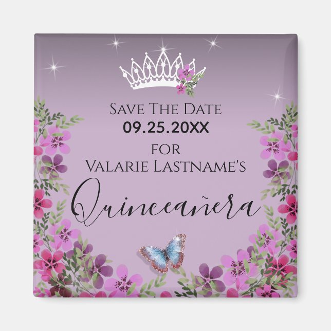 Aimant Fleurs et papillon Quinceanera Enregistrer la date (Devant)