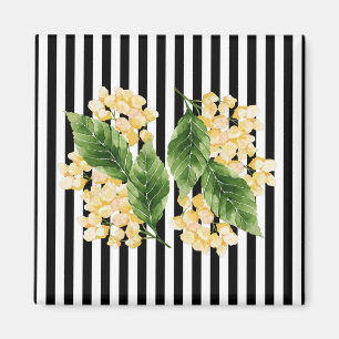 Aimant Fleurs jaunes sur rayures noir et blanc