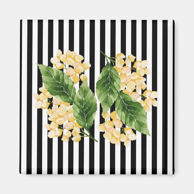 Aimant Fleurs jaunes sur rayures noir et blanc (Devant)