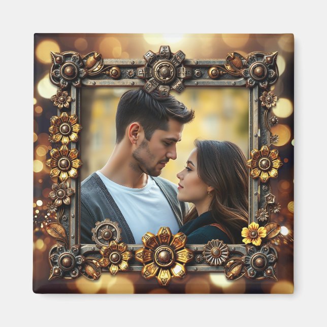 Aimant Fleurs métalliques Steampunk Photo personnalisée (Devant)