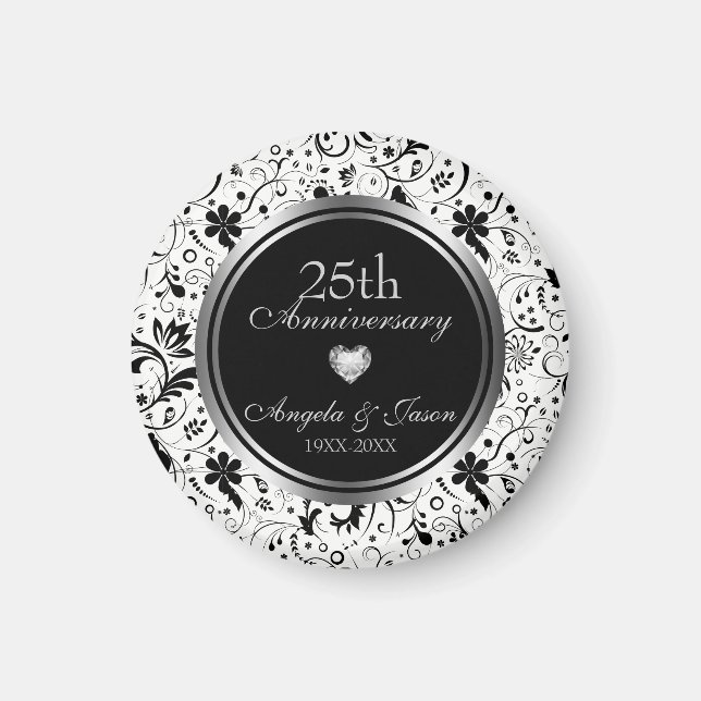 Aimant Fleurs noires florales - Anniversaire de l'argent (Devant)