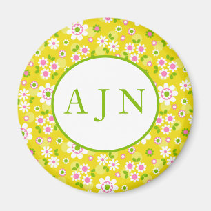 Aimant Fleurs Rétro Mod Jaune & Monogramme Blanc