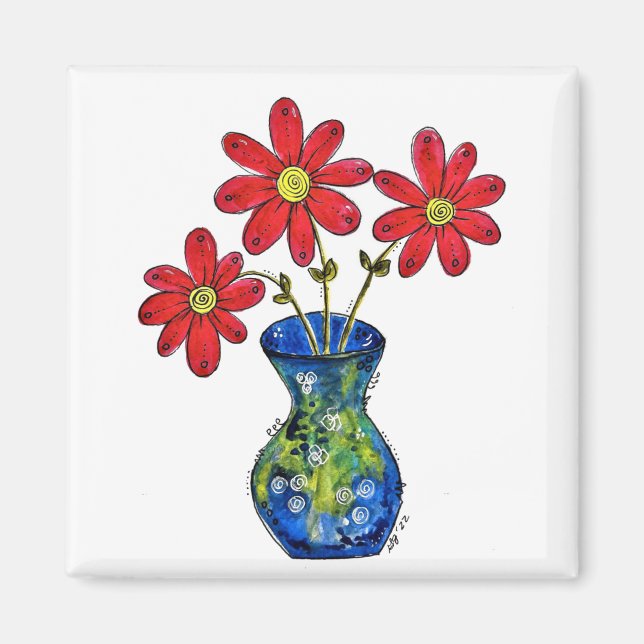 Aimant Fleurs rouges lunaires dans Vase bleu (Devant)