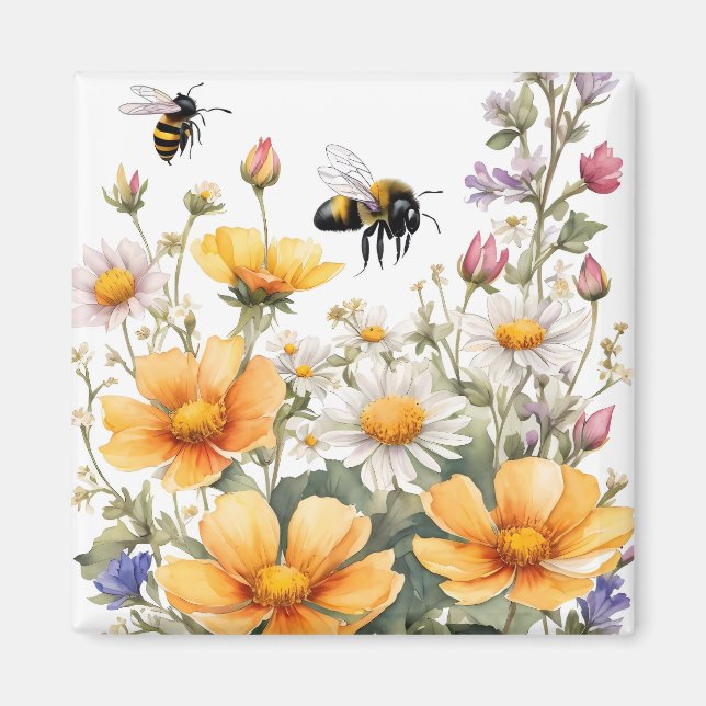 Aimant Fleurs sauvages et Abeilles de miel Aquarelle (Devant)