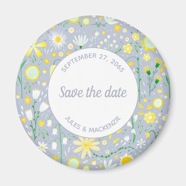 Aimant Floral Jaune Bleu Moderne Économisez La Date (Devant)