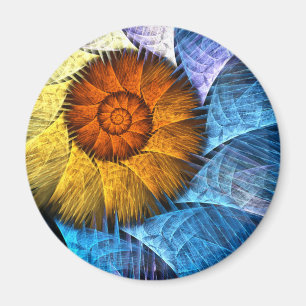 Aimant Floral Orange Jaune Bleu Abstrait Art Round