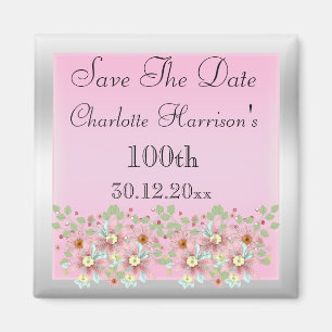 Aimant Floral Rose & Argent Enregistrer La Date 100e