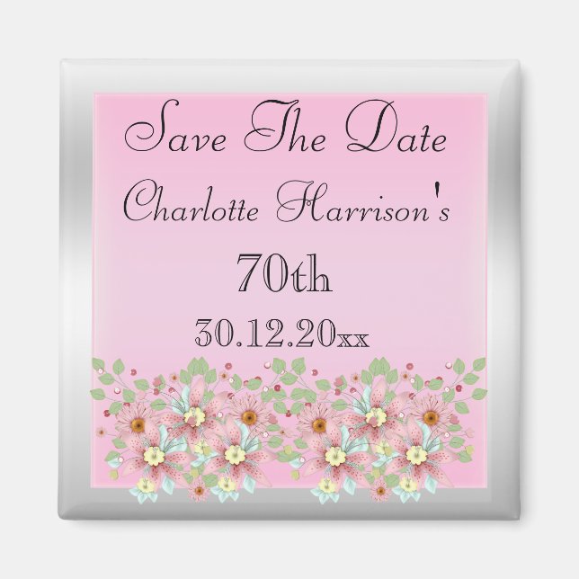 Aimant Floral Rose & Argent Enregistrer La Date 70e (Devant)