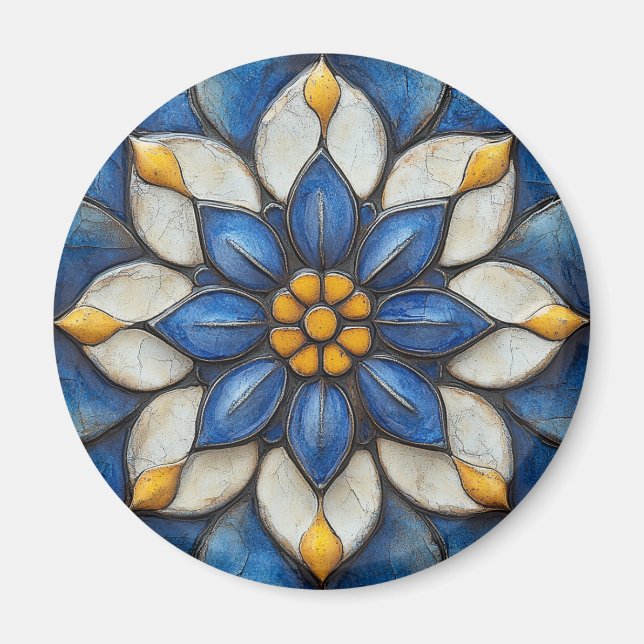 Aimant Flore Azulejo bleu blanc et jaune (Devant)