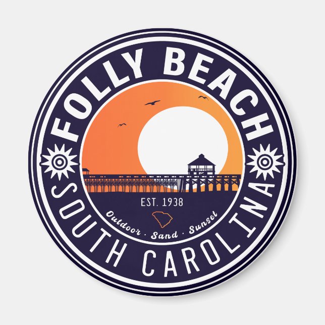 Aimant Folly Beach SC Souvenirs Retro Sunset Pier 60s (Devant)
