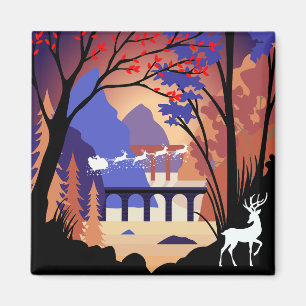 Aimant Forêt crépusculaire de Noël traîneau du Père Noël