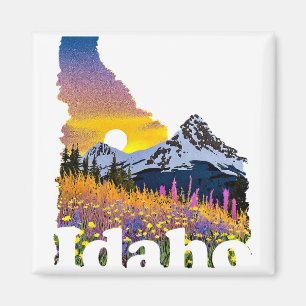 Aimant Forme d'Idaho avec montagne et fleur sauvage