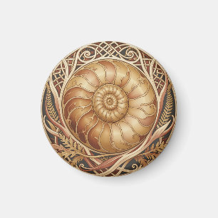 Aimant Fossile d'ammonite dorée Cadre celtique Motif orné