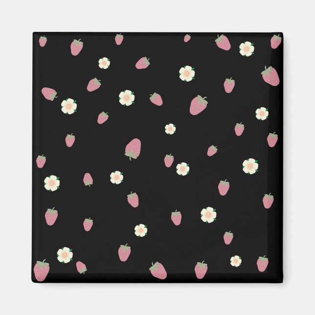Aimant Fraises et fleurs Motif noir (Devant)
