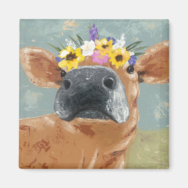 Aimant Fun de ferme - Vache avec couronne de fleurs (Devant)
