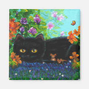 Aimant Funny Black Cat Fleurs de souris Cat Créationarts