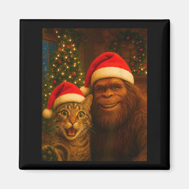 Aimant Funny Cat Selfie With Bigfoot Christmas Sasquatch  (Devant)