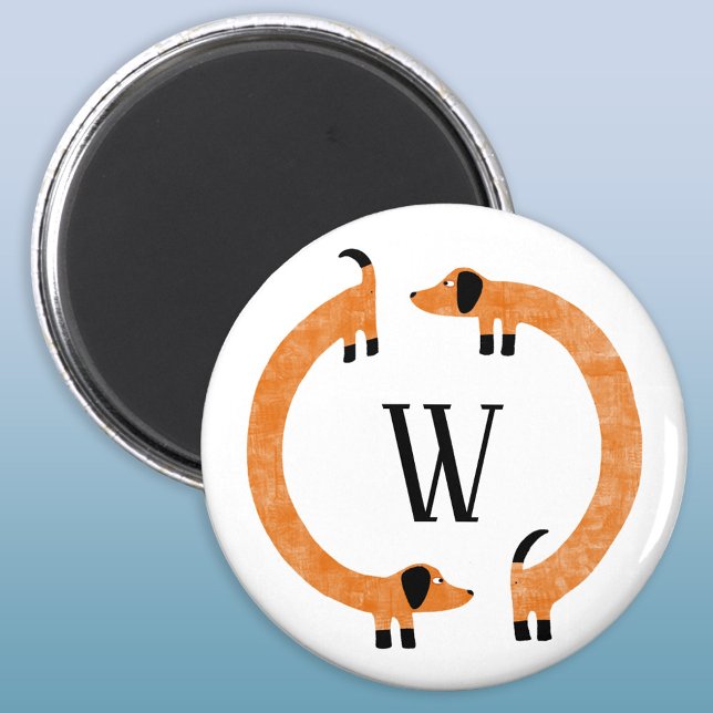 Aimant Funny Dachshund Saucisse Chien Monogramme (Funny Dachshund Wiener or Sausage Dog monogram magnet)