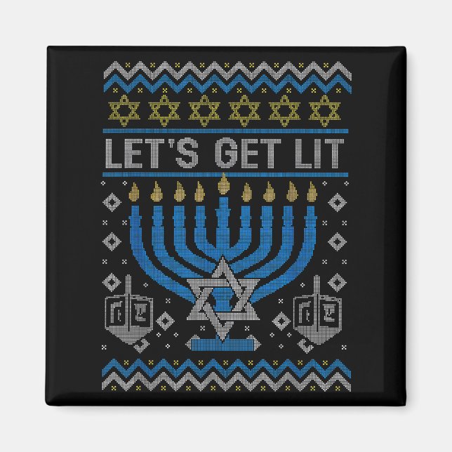 Aimant Funny Ugly Hanukkah Sweater Lets Get Lit Menorah J (Devant)