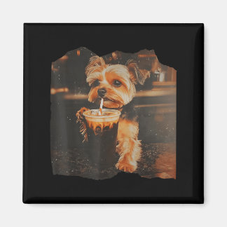 Aimant Funny Yorkie Drinking Iced Coffee Cute Dog Meme